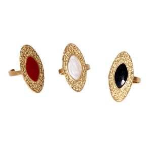 French vintage stainless steel rings with colorful enamel oval patterns and hammered texture