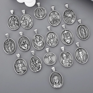 Retro Stainless Steel Religious Pendant Necklace For Men Women Saint Mary Jesus Relief Medallion Punk Gothic Jewelry