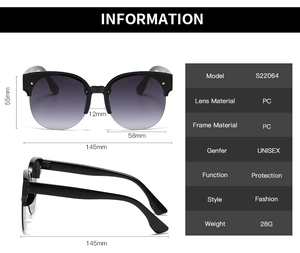Close-up of retro cat-eye semi-rimless sunglasses with PC lens dimensions and weight