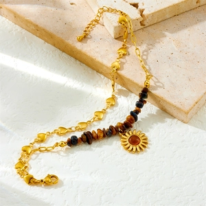 Bracelet double couche en acier inoxydable avec perles œil de tigre et breloques soleil