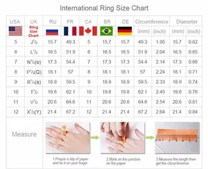 International ring size chart showing circumference and diameter for USA, UK, and EU standards