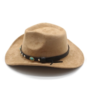Western suede cowboy hat in tan brown with turquoise and silver studded black leather band