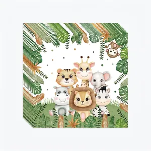 Jungle safari animal theme disposable paper napkins with watercolor tropical leaf patterns