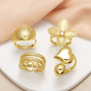 Minimalist 18K Gold Plated Copper Open Rings For Women Irregular Heart Flower Striped Multi Layer Adjustable Finger Ring Jewelry Gift
