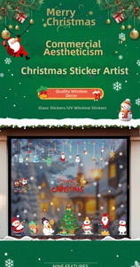 Détail de stickers de Noël pour fenêtres avec impression UV du Père Noël et bonhomme de neige