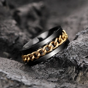 Men's rotatable spinner ring featuring black steel band and golden cuban chain inlay