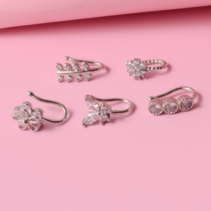 Detailed set of silver non-pierced ear cuffs with floral and leaf zircon crystal designs