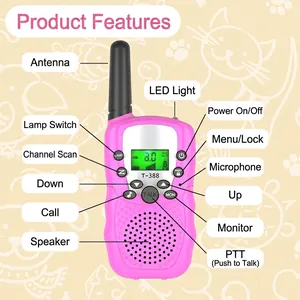 Pink T-388 walkie talkie for kids with LED display and multiple function control buttons