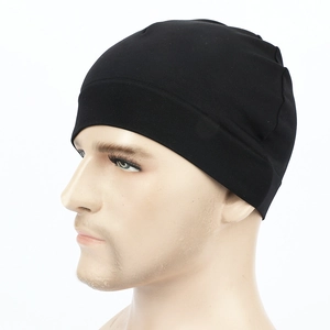 Detailed side view of black ribbed knit beanie on mannequin for outdoor sports