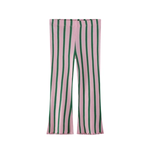 Girls flared pants with pink and green vertical stripes and ribbed knit fabric