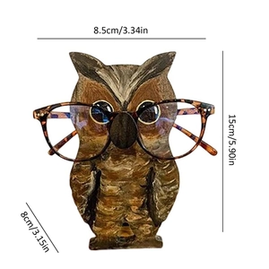 Handcrafted wooden owl glasses holder stand with dimensions 15cm height and brown finish