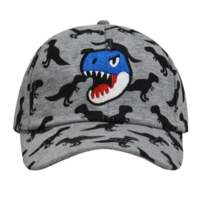 Dettaglio del ricamo a dinosauro blu sul berretto da baseball in cotone grigio per bambini