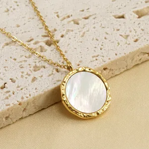 Round Pendant Necklace Stainless Steel 18K Gold Plated Hammered Mother Of Artificial Pearl Minimalist Elegant Fashion Women Jewelry