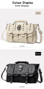 Detail view of punk skull handbags with metal rivets in off-white and black PU leather