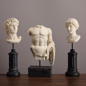 Set of three Nordic resin bust statues on black metal stands for artistic home decor
