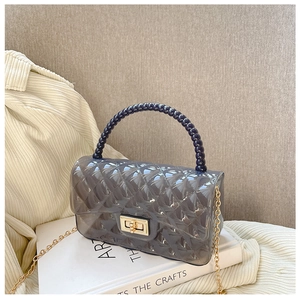 Detail of grey transparent jelly bag with quilted texture, beaded handle and gold chain