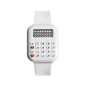 Close-up of a white digital calculator watch with full numeric keypad and clear LCD display
