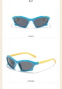 Detailed views of kids sports sunglasses in vibrant blue and yellow contrast frames