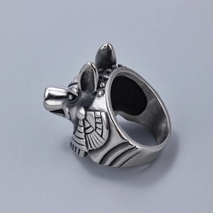 Detailed view of Egyptian Anubis punk ring with vintage silver finish and metal textures