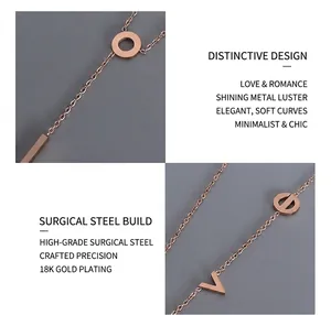 Macro detail of the 18K rose gold plated medical titanium steel LOVE pendant necklace