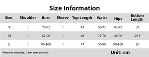 Size chart table for the mesh print cardigan and shorts set with detailed measurements