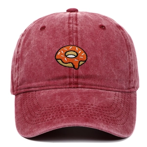 Vintage washed cotton baseball cap in wine red with a unique donut embroidery design