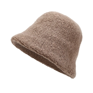 Brown wool blend bucket hat with curly plush texture for women in autumn and winter