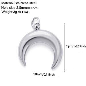 Detailed specs of stainless steel moon pendant with 19mm height and 2.5mm hole size