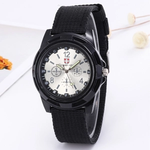 Men's fashion quartz watch with black nylon strap and silver dial on a display stand