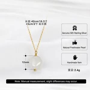 S925 sterling silver necklace featuring a 12mm natural freshwater pearl on a golden chain