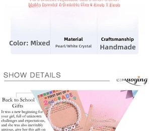 Détail de bracelets mère-fille en perles de 6mm avec cartes cadeaux de rentrée scolaire