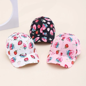 Kids baseball cap set with strawberry fruit prints in white black and pink colors