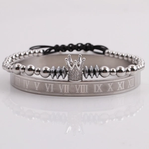 Bracelet jonc en acier titane pour hommes avec chiffres romains et perles de couronne