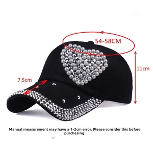 Detail of baseball cap with pearl heart and rhinestone brim showing dimensions