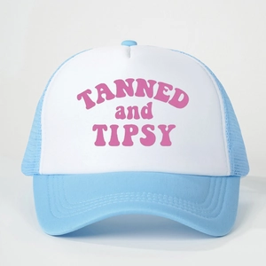Detailed front view of mesh baseball cap with Tanned and Tipsy pink printed letters