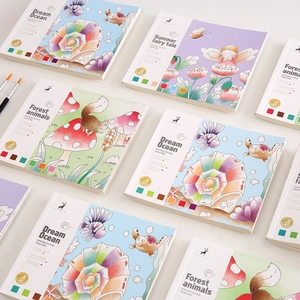 Creative watercolor painting book set for kids featuring diverse cartoon themes and pigments