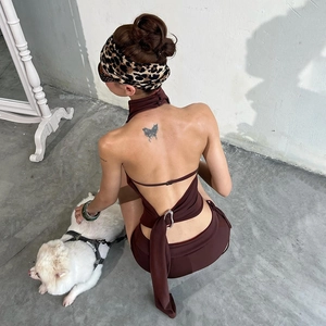 Back view of brown halter neck backless top and matching two-piece set for women