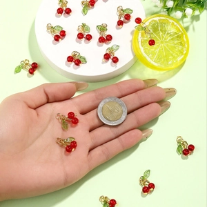 3D cherry fruit pendant charms with green leaves and gold rings for DIY jewelry making