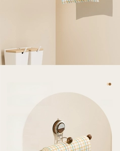 Minimalist wall-mounted kitchen paper holder with metal frame and elegant wood decorative end