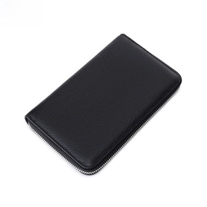 Black RFID long zipper wallet in genuine leather with lychee texture and silver hardware