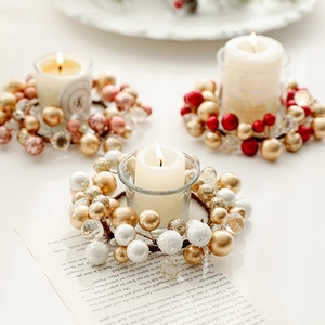 Christmas Candle Ring Wreath Plastic Beads Iron Wire Decorative Desktop Candle Holder For Holiday Party Home Decor