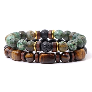 Mens natural tiger eye square stone and green bead multilayer bracelet set