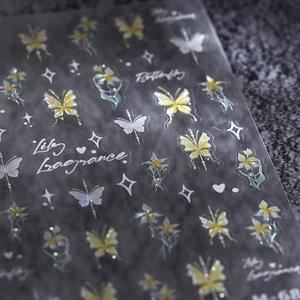 Self-adhesive butterfly and flower nail art stickers with holographic laser glitter finish
