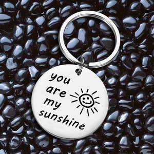 Stainless steel keychain with You Are My Sunshine sun engraving on dark stones