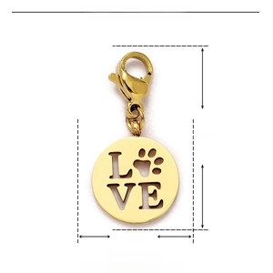 Detail of stainless steel gold LOVE pendant with paw print and lobster clasp dimensions