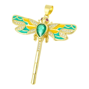 Golden dragonfly pendant with green stones and enamel detail for DIY jewelry