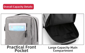 Detail view of large main compartment and hidden front pocket for tablets on grey backpack