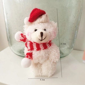 Cute white plush jointed bear with red Christmas hat and scarf, size 13.5x6.5cm