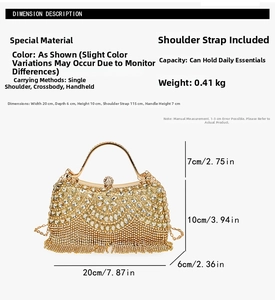 Size guide for rhinestone evening bag showing dimensions 20x10x6cm and chain strap detail