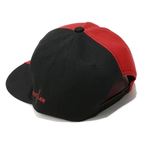 Detail view of the snapback hat with red OUTLAW embroidery and adjustable strap
